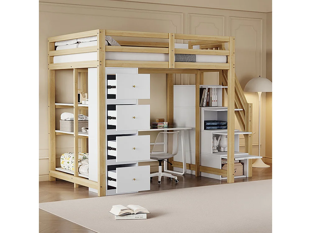 Lit mezzanine enfant 140x200 avec tiroir de rangement Commode avec étagères échelle à grimper de sécurité Couleur Bois