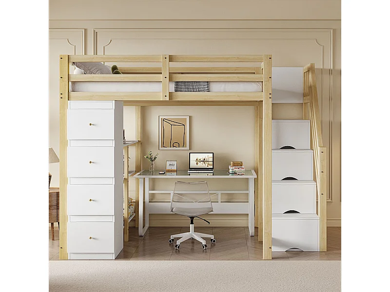 Lit mezzanine enfant 140x200 avec tiroir de rangement Commode avec étagères échelle à grimper de sécurité Couleur Bois