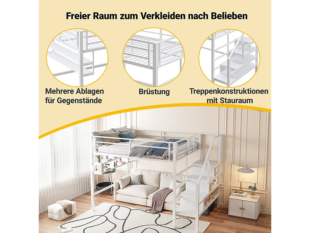 Lit mezzanine 140x200 étagères échelle de rangement pour habillage garde-corps sans matelas Blanc