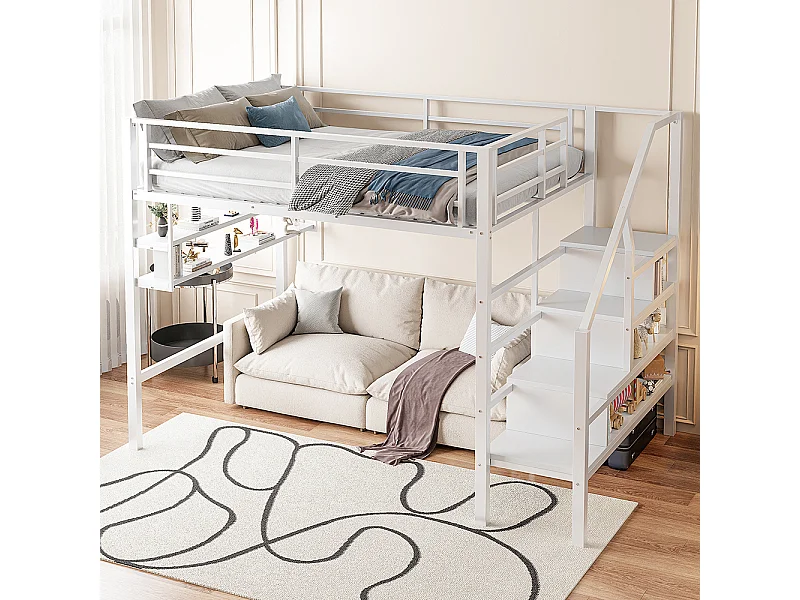 Lit mezzanine 140x200 étagères échelle de rangement pour habillage garde-corps sans matelas Blanc