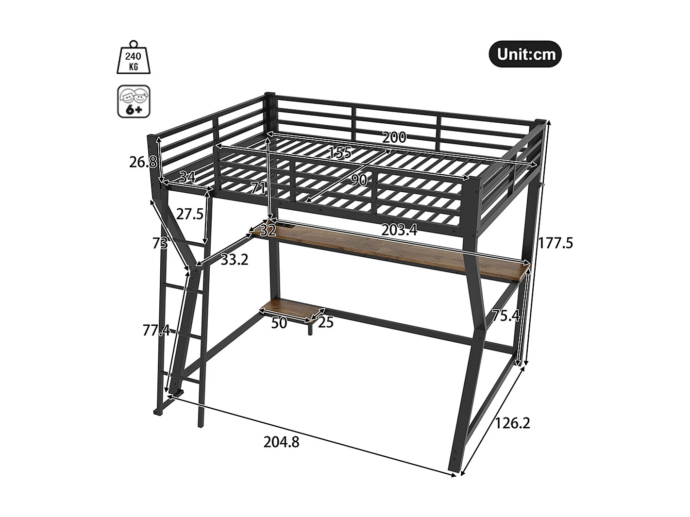 Lit mezzanine 90x200 éclairage d'ambiance pour console d'ordinateur bureau prise électrique+USB rampe escalier Noir