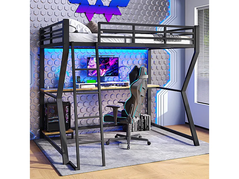 Lit mezzanine 90x200 éclairage d'ambiance pour console d'ordinateur bureau prise électrique+USB rampe escalier Noir