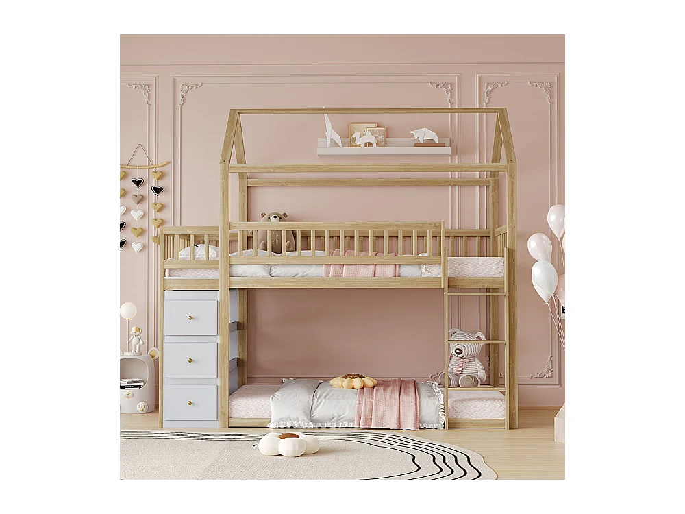 Lit mezzanine enfant 90x200 Forme de maison Avec commode de rangement et étagères Couleur Bois