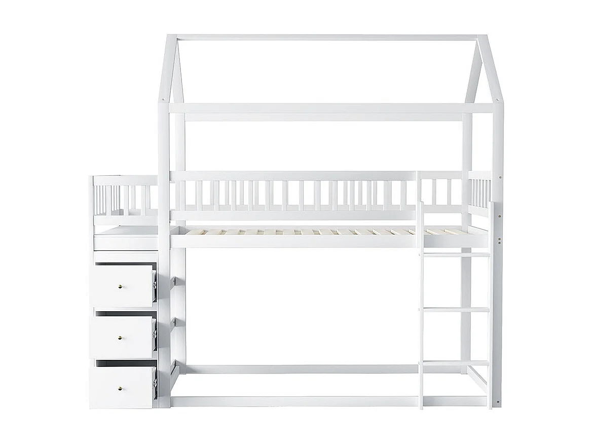 Lit mezzanine enfant 90x200 forme maison design clôture de sécurité avec commode de rangement et étagères Blanc