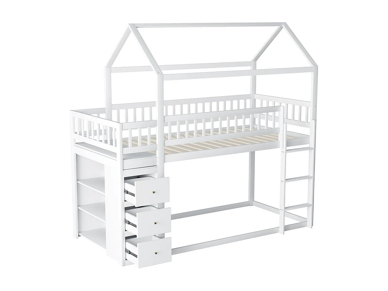 Lit mezzanine enfant 90x200 forme maison design clôture de sécurité avec commode de rangement et étagères Blanc