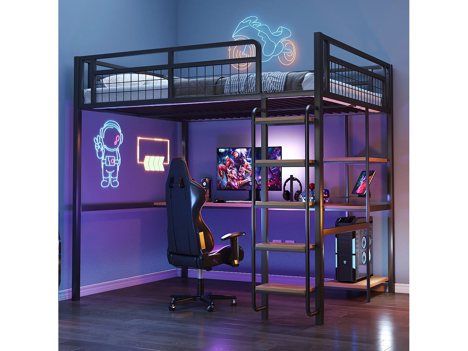 Lit mezzanine 140x200 avec échelle lit enfant avec table et étagère barrière de sécurité grillagée en métal Noir