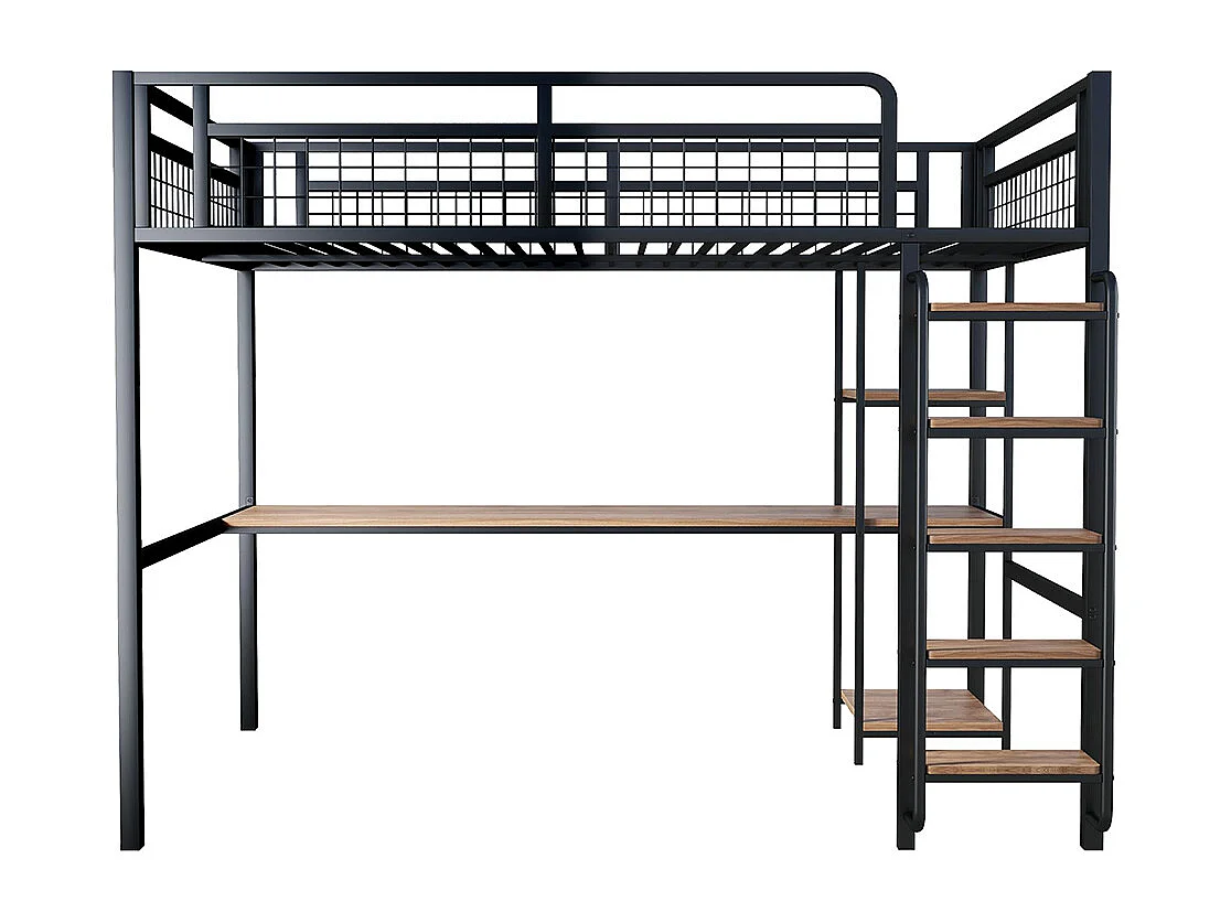 Lit mezzanine 140x200 avec échelle lit enfant avec table et étagère barrière de sécurité grillagée en métal Noir