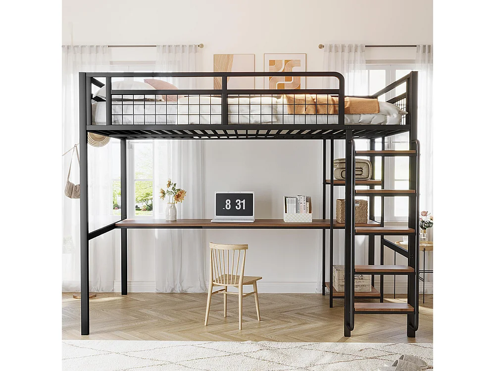 Lit mezzanine 140x200 avec échelle lit enfant avec table et étagère barrière de sécurité grillagée en métal Noir