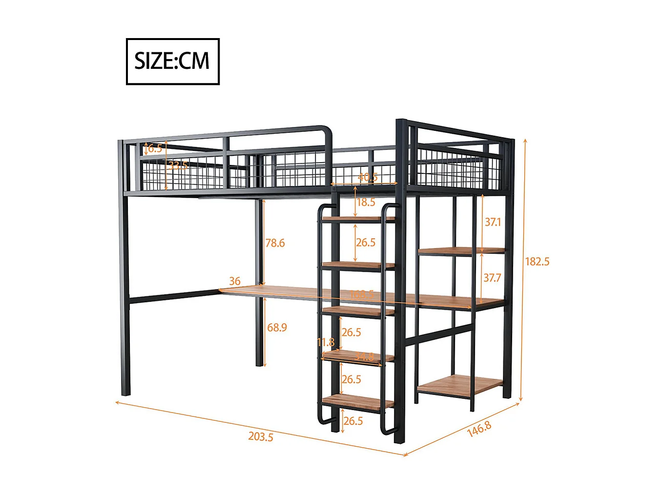 Lit mezzanine 140x200 avec échelle lit enfant avec table et étagère barrière de sécurité grillagée en métal Noir