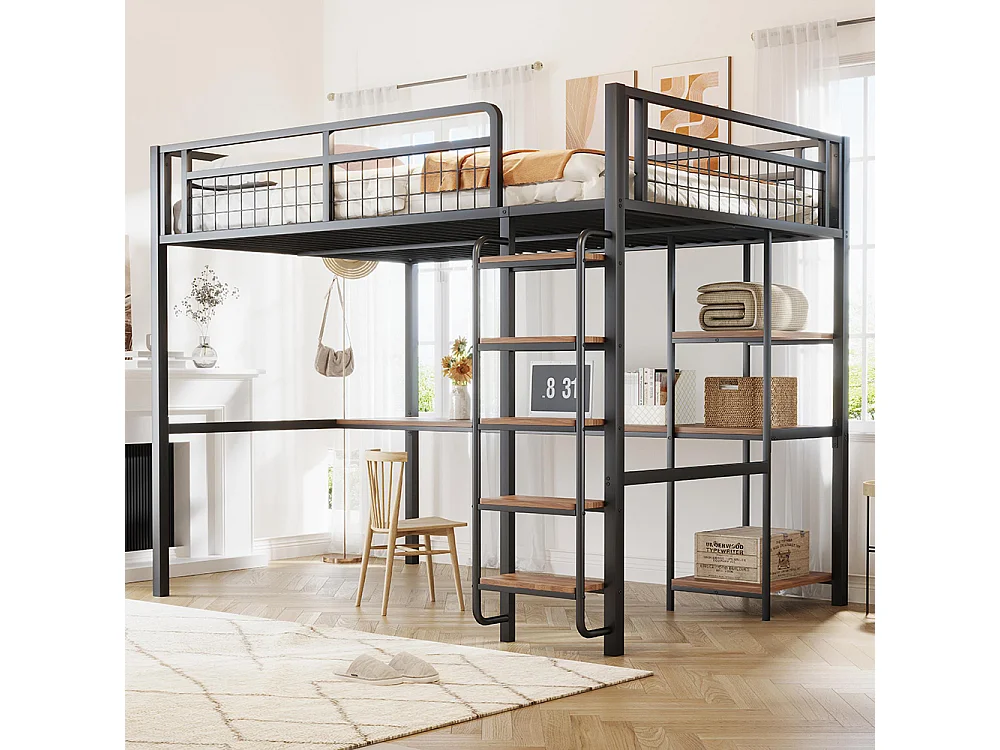 Lit mezzanine 140x200 avec échelle lit enfant avec table et étagère barrière de sécurité grillagée en métal Noir