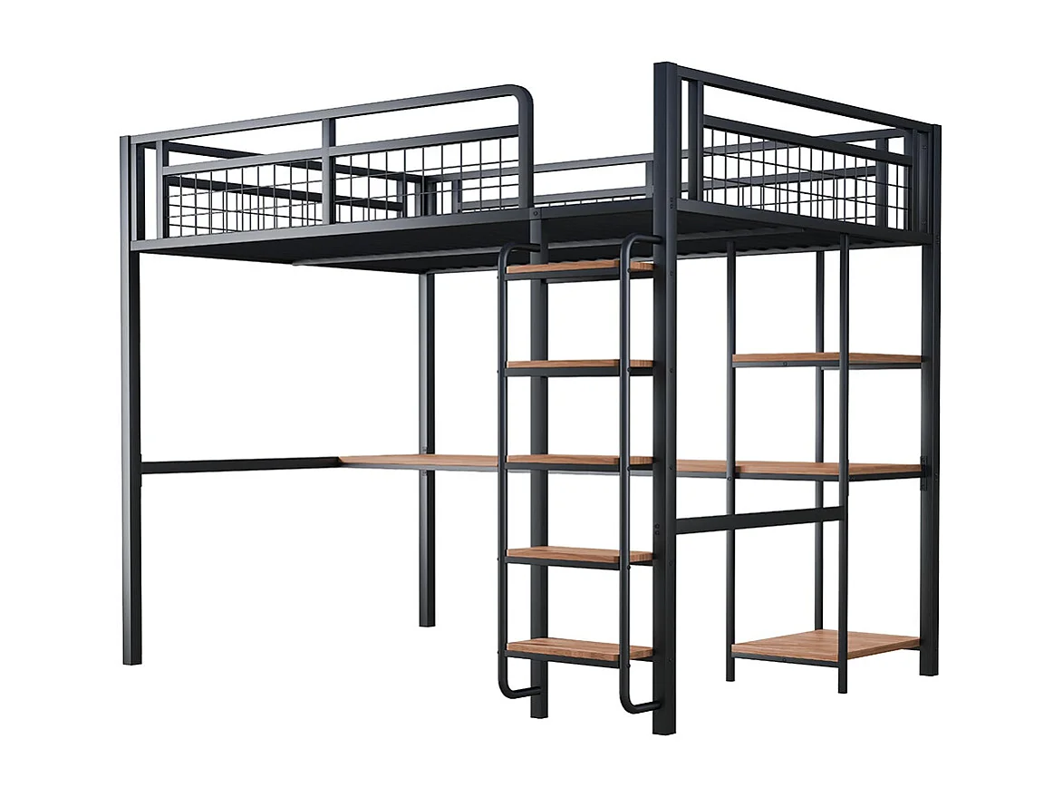 Lit mezzanine 140x200 avec échelle lit enfant avec table et étagère barrière de sécurité grillagée en métal Noir