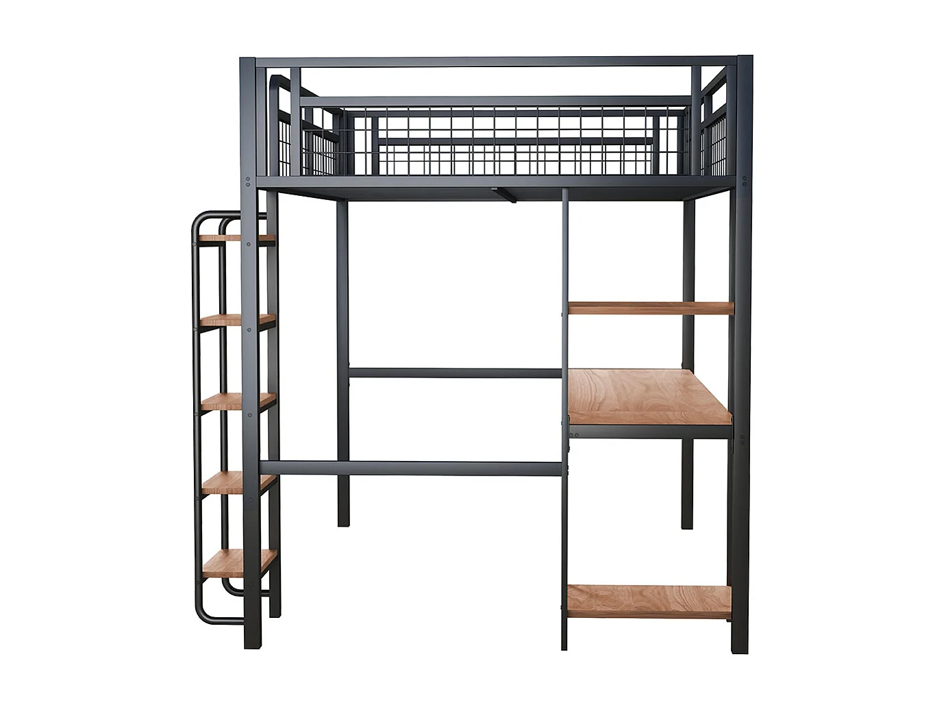 Lit mezzanine 140x200 avec échelle lit enfant avec table et étagère barrière de sécurité grillagée en métal Noir