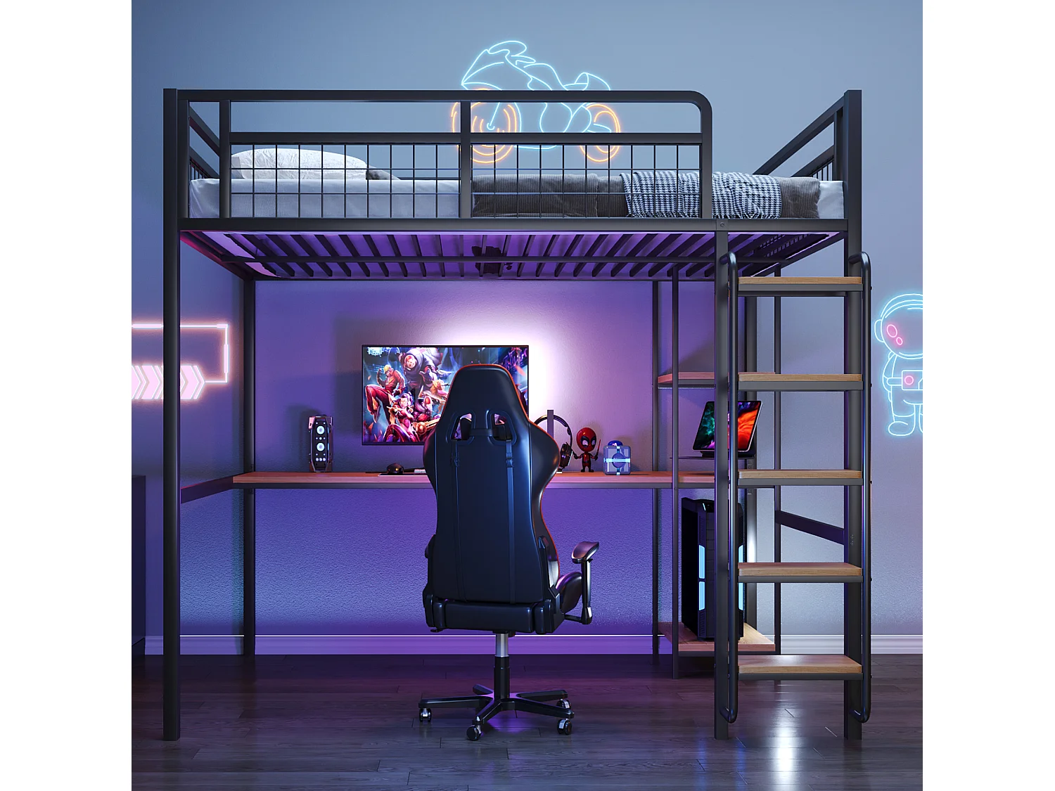 Lit mezzanine 140x200 avec échelle lit enfant avec table et étagère barrière de sécurité grillagée en métal Noir