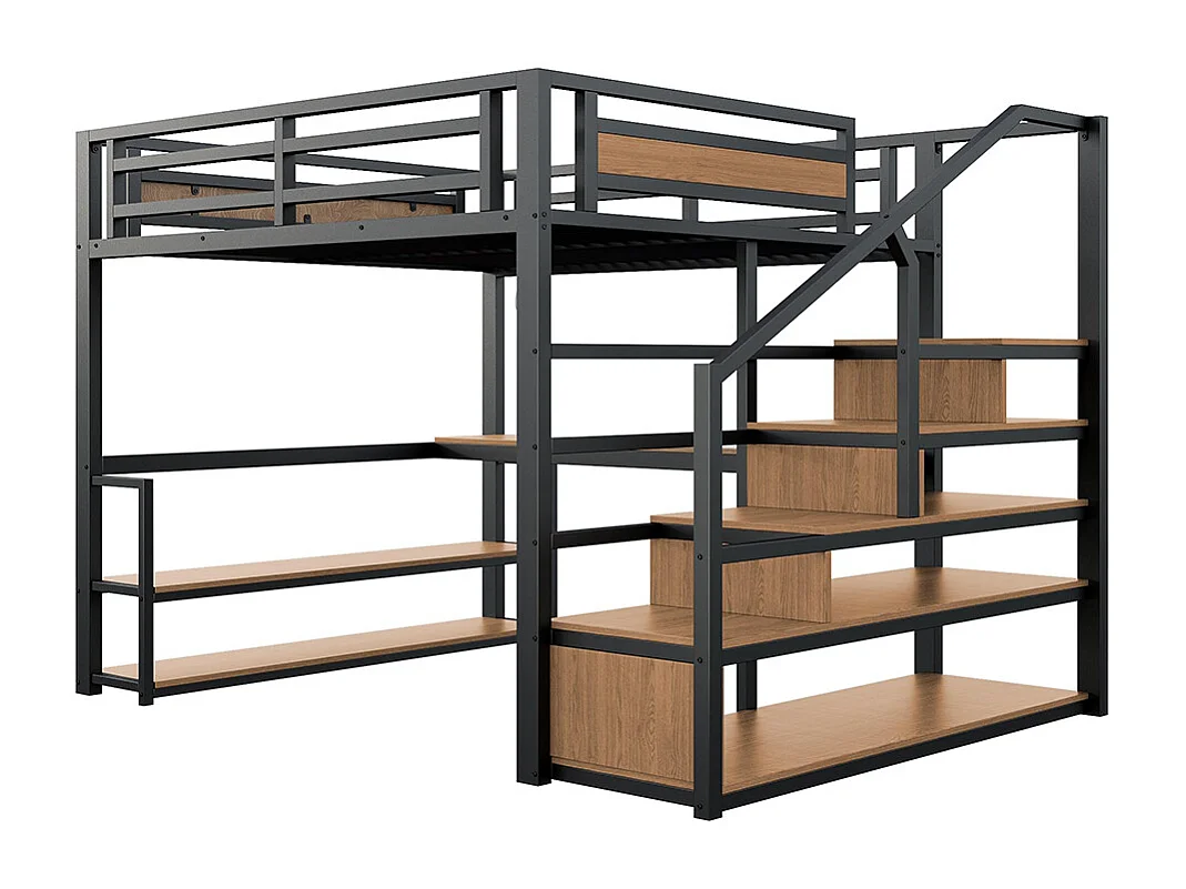 Lit mezzanine 140x200 avec échelle de rangement étagères et table clôture de sécurité avec planches métalliques épissées Noir