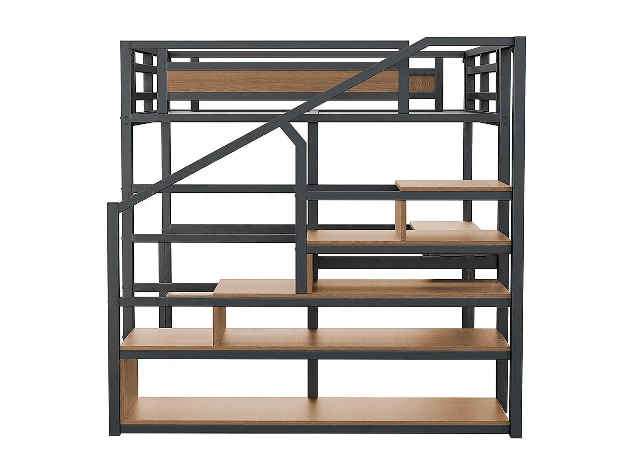 Lit mezzanine 140x200 avec échelle de rangement étagères et table clôture de sécurité avec planches métalliques épissées Noir