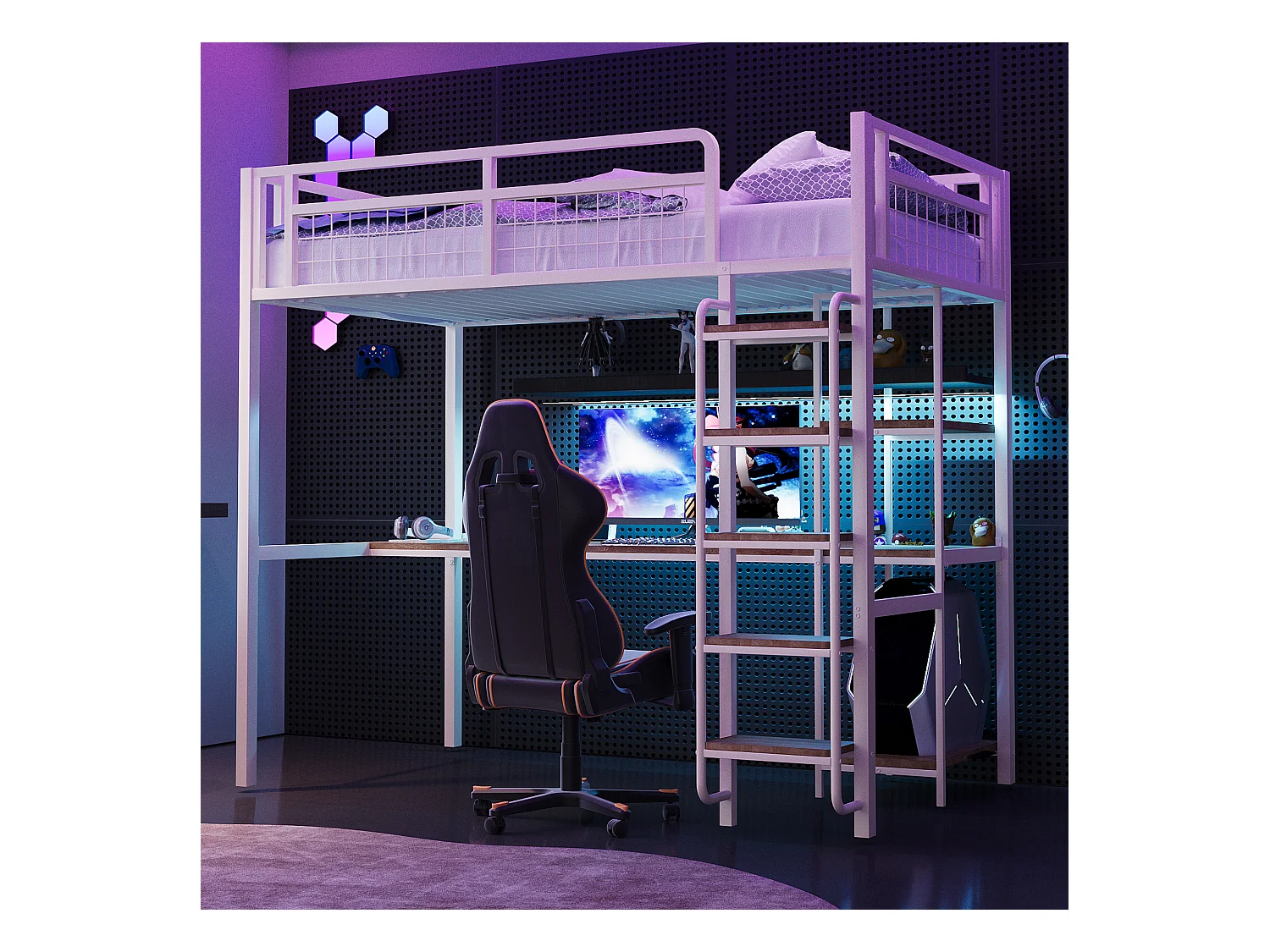 Lit mezzanine 90x200 avec échelle lit enfant avec table et étagère barrière de sécurité grillagée en métal Blanc
