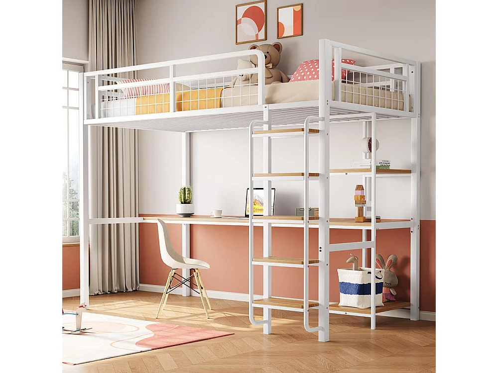 Lit mezzanine 90x200 avec échelle lit enfant avec table et étagère barrière de sécurité grillagée en métal Blanc