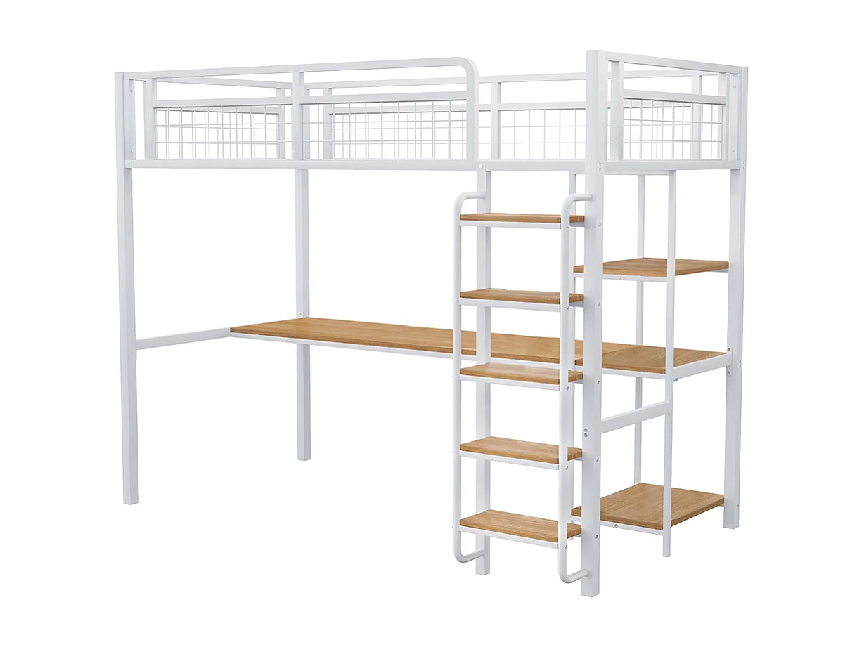 Lit mezzanine 90x200 avec échelle lit enfant avec table et étagère barrière de sécurité grillagée en métal Blanc