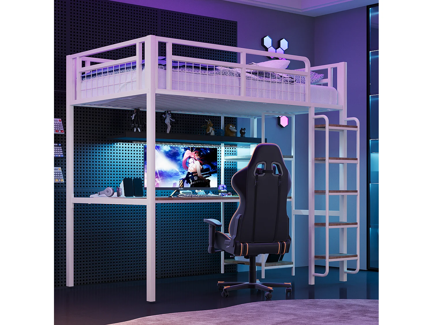 Lit mezzanine 90x200 avec échelle lit enfant avec table et étagère barrière de sécurité grillagée en métal Blanc