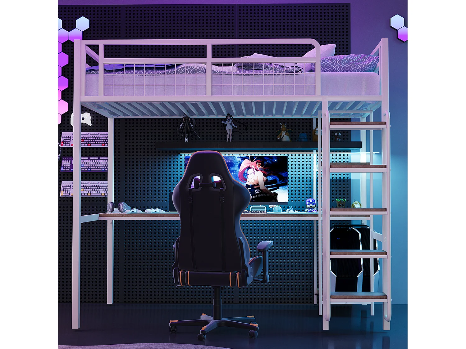 Lit mezzanine 90x200 avec échelle lit enfant avec table et étagère barrière de sécurité grillagée en métal Blanc