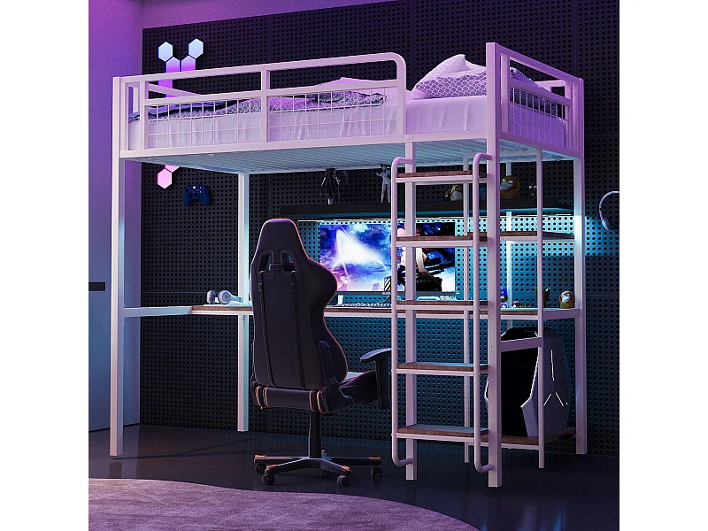 Lit mezzanine 90x200 avec échelle lit enfant avec table et étagère barrière de sécurité grillagée en métal Blanc