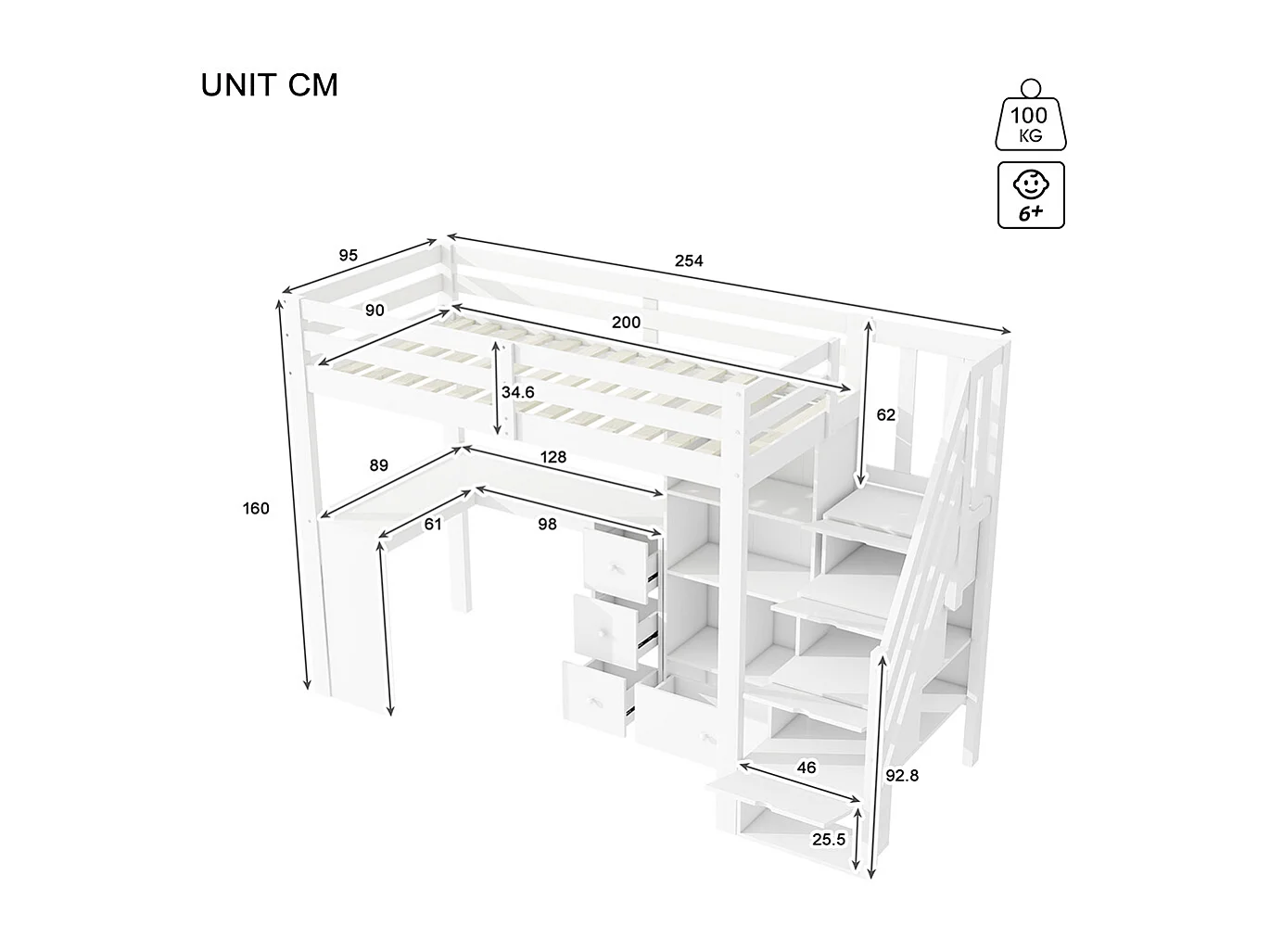 Lit mezzanine 90x200 garde-corps bureau tiroirs armoire de rangement ouverte escabeau escamotable plusieurs étagères Blanc