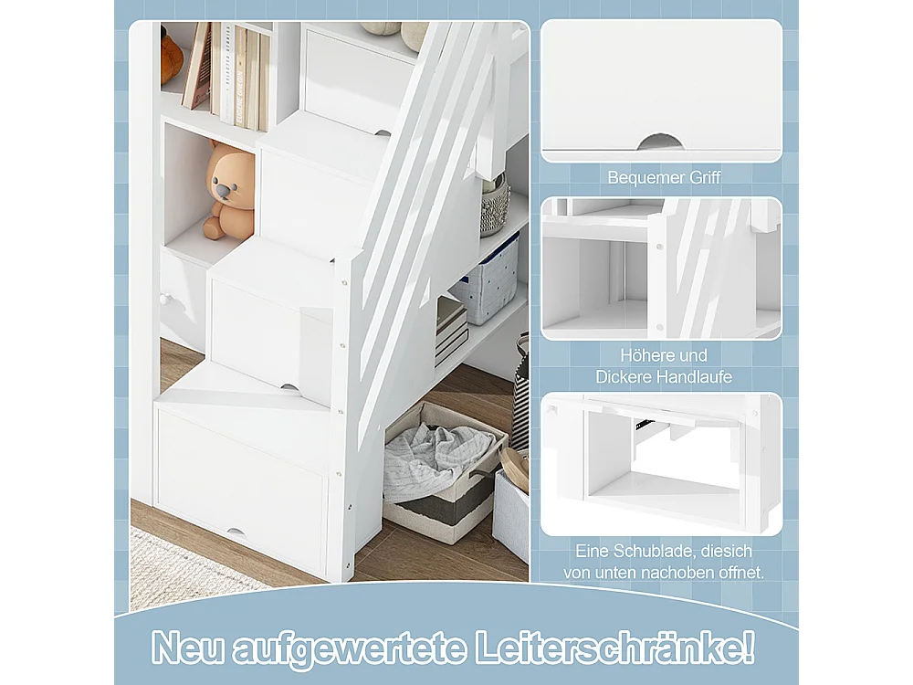 Lit mezzanine 90x200 garde-corps bureau tiroirs armoire de rangement ouverte escabeau escamotable plusieurs étagères Blanc