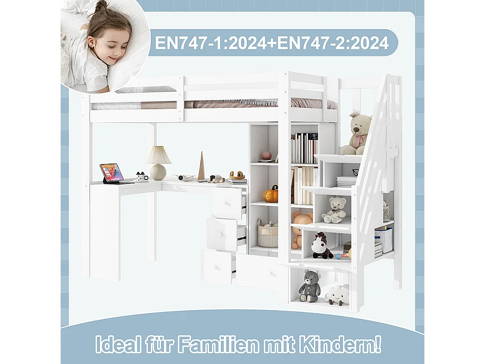 Lit mezzanine 90x200 garde-corps bureau tiroirs armoire de rangement ouverte escabeau escamotable plusieurs étagères Blanc