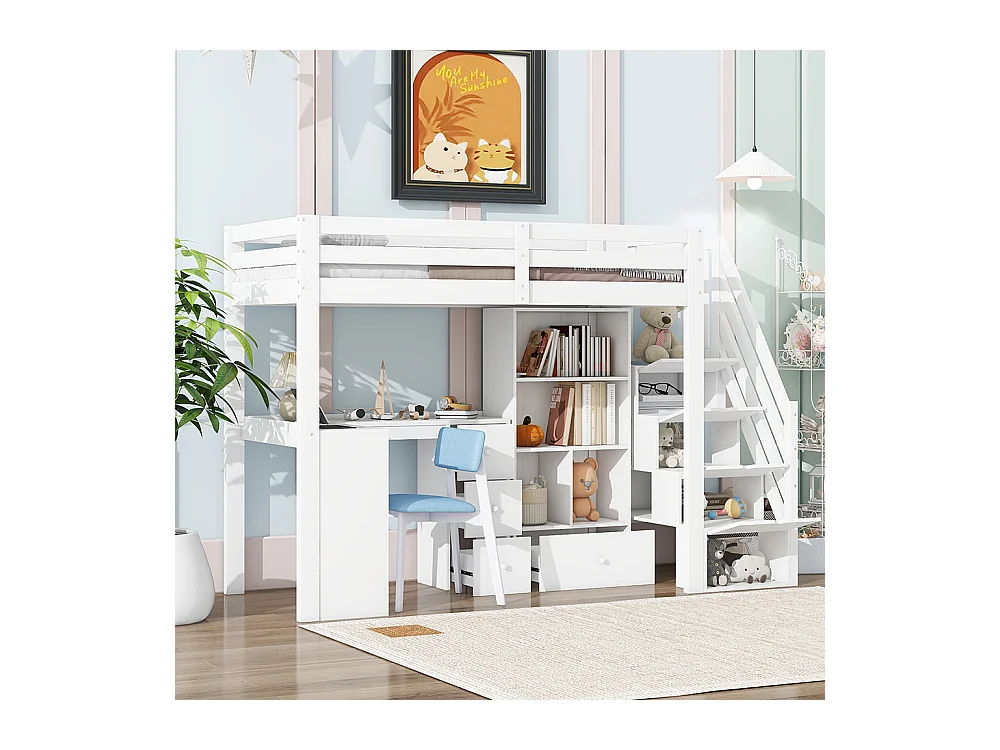 Lit mezzanine 90x200 garde-corps bureau tiroirs armoire de rangement ouverte escabeau escamotable plusieurs étagères Blanc