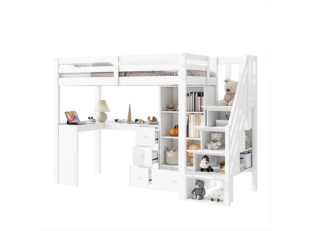 Lit mezzanine 90x200 garde-corps bureau tiroirs armoire de rangement ouverte escabeau escamotable plusieurs étagères Blanc