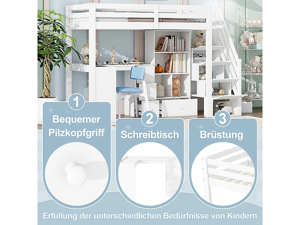 Lit mezzanine 90x200 garde-corps bureau tiroirs armoire de rangement ouverte escabeau escamotable plusieurs étagères Blanc