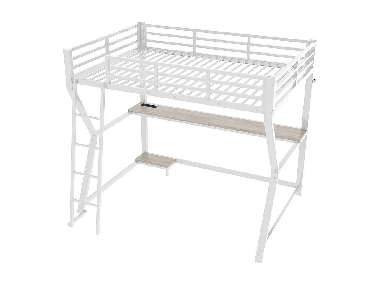 Lit mezzanine 90x200 éclairage d'ambiance pour console d'ordinateur bureau prise électrique+USB rampe escalier Blanc