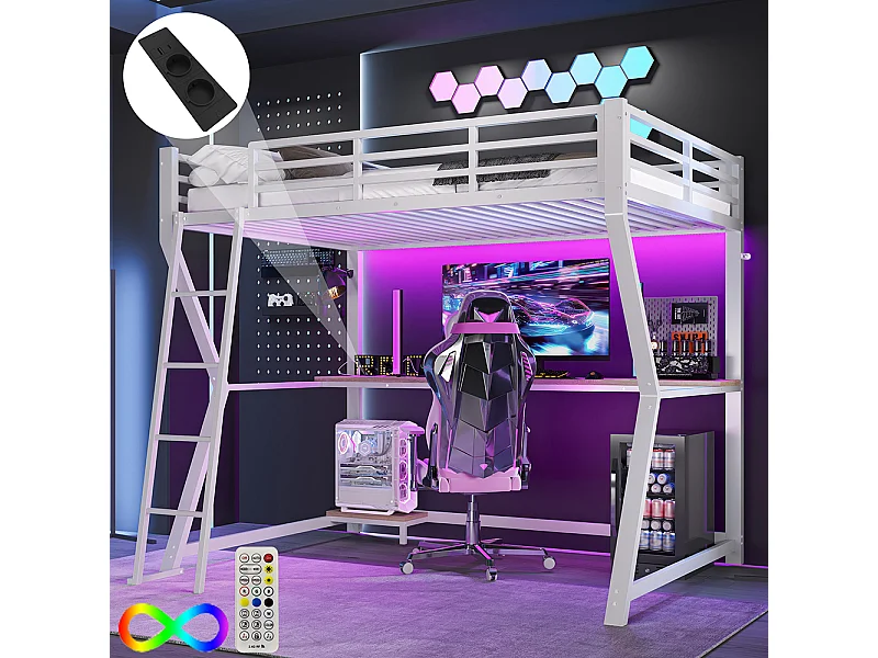 Lit mezzanine 90x200 éclairage d'ambiance pour console d'ordinateur bureau prise électrique+USB rampe escalier Blanc