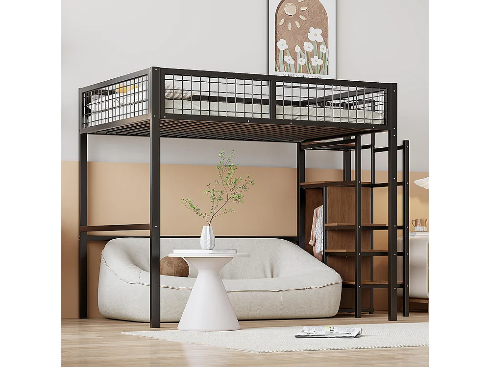 Lit mezzanine 140x200 avec échelle lit enfant avec cadre en fer et étagère de rangement armoire Noir