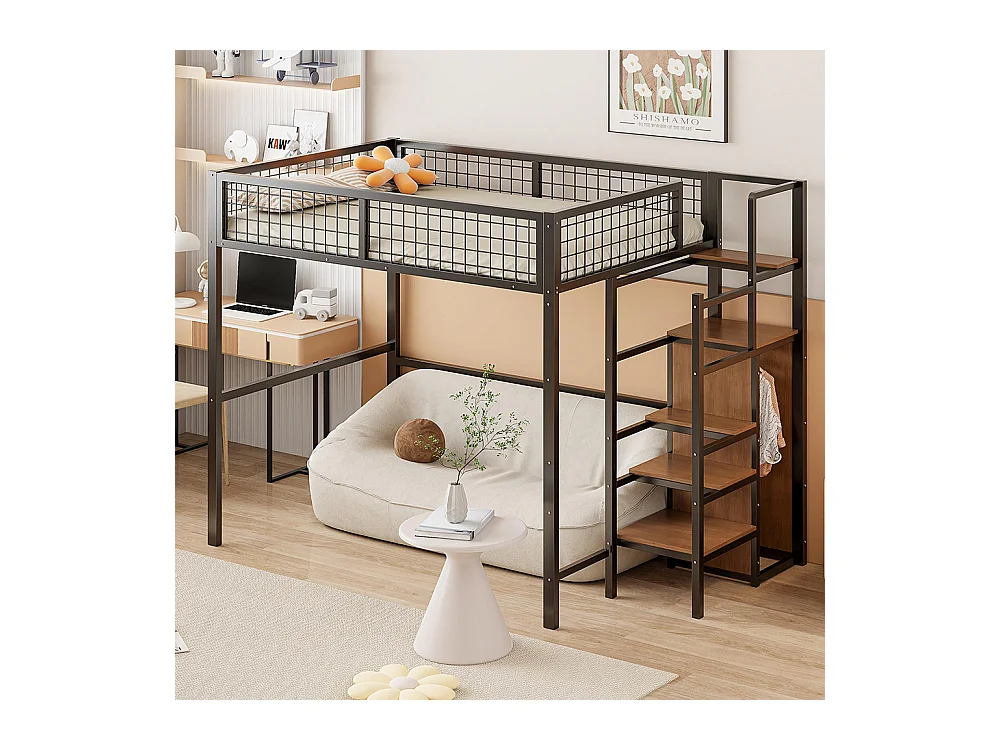 Lit mezzanine 140x200 avec échelle lit enfant avec cadre en fer et étagère de rangement armoire Noir