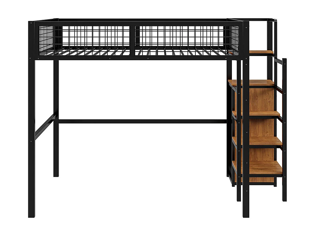 Lit mezzanine 140x200 avec échelle lit enfant avec cadre en fer et étagère de rangement armoire Noir