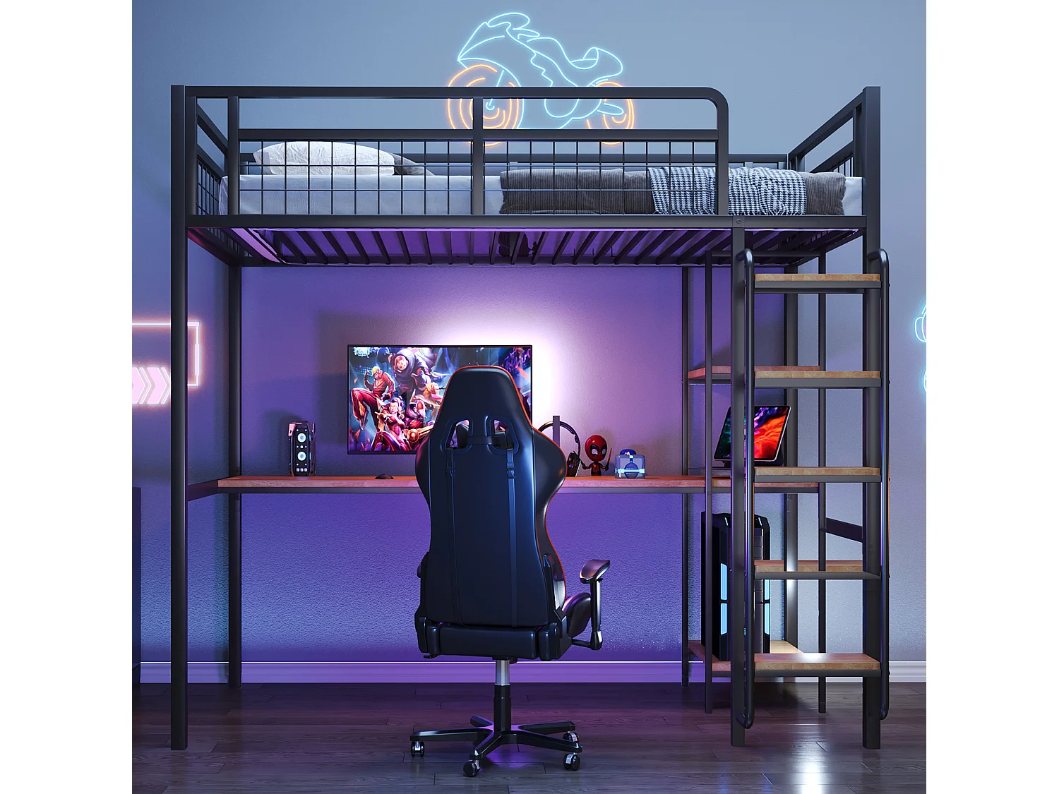 Lit mezzanine 90x200 avec échelle lit enfant avec table et étagère barrière de sécurité grillagée en métal Noir