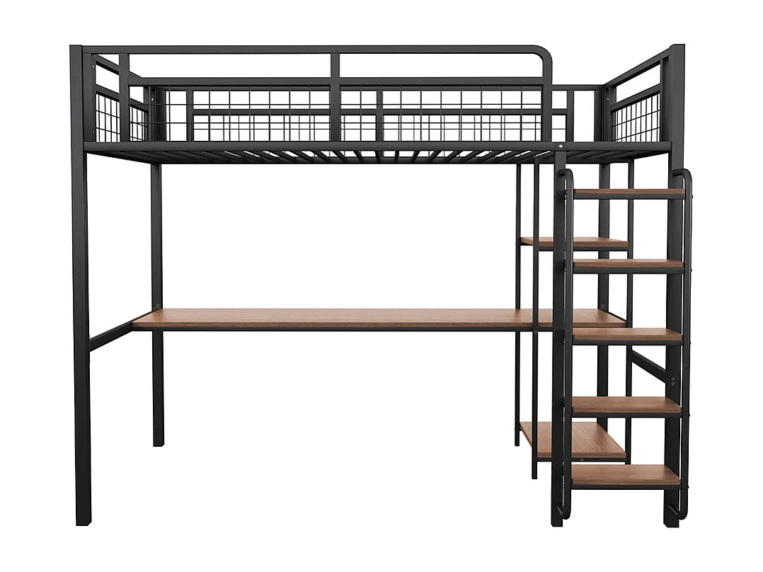Lit mezzanine 90x200 avec échelle lit enfant avec table et étagère barrière de sécurité grillagée en métal Noir