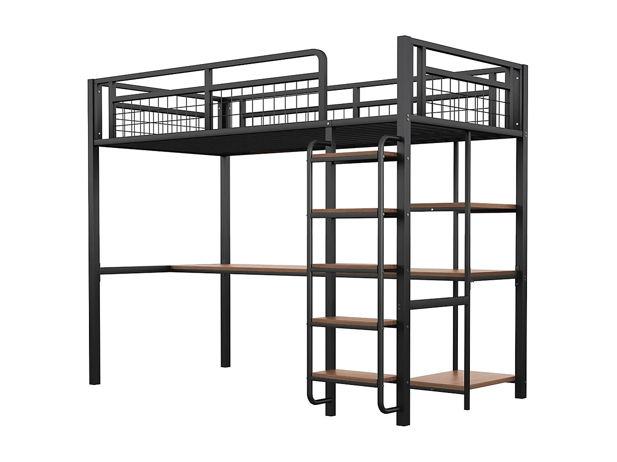 Lit mezzanine 90x200 avec échelle lit enfant avec table et étagère barrière de sécurité grillagée en métal Noir