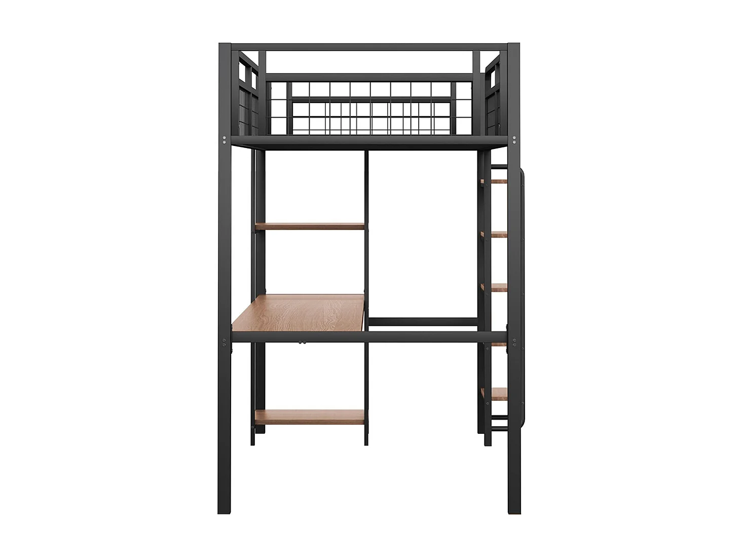 Lit mezzanine 90x200 avec échelle lit enfant avec table et étagère barrière de sécurité grillagée en métal Noir