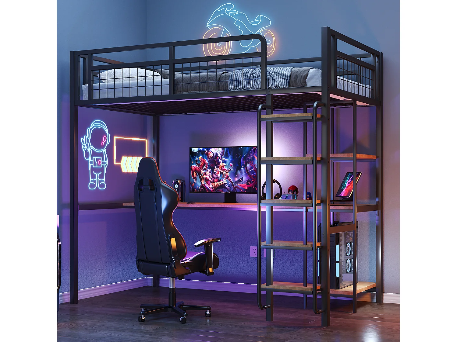 Lit mezzanine 90x200 avec échelle lit enfant avec table et étagère barrière de sécurité grillagée en métal Noir