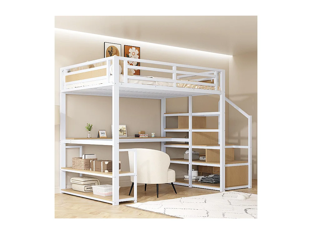 Lit mezzanine 140x200 avec échelle de rangement étagères et table clôture de sécurité avec planches métalliques épissées Blanc
