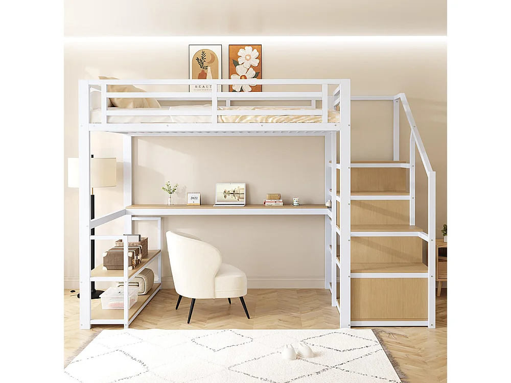Lit mezzanine 140x200 avec échelle de rangement étagères et table clôture de sécurité avec planches métalliques épissées Blanc