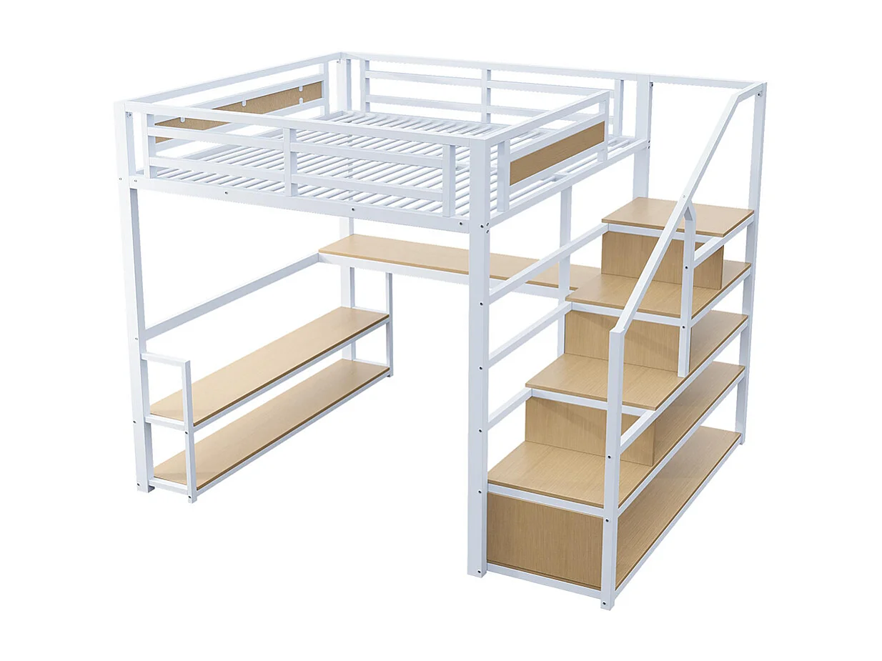 Lit mezzanine 140x200 avec échelle de rangement étagères et table clôture de sécurité avec planches métalliques épissées Blanc