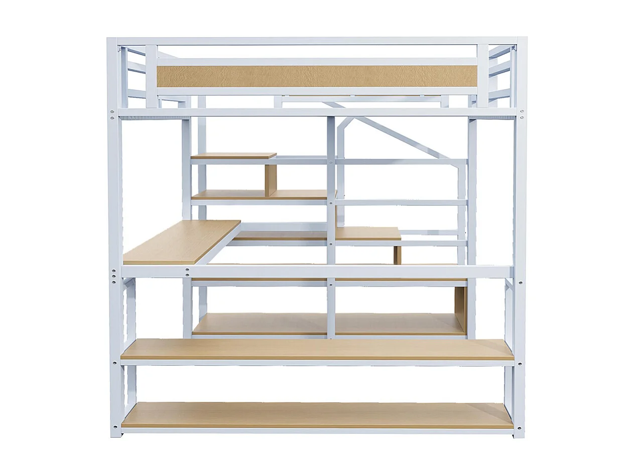 Lit mezzanine 140x200 avec échelle de rangement étagères et table clôture de sécurité avec planches métalliques épissées Blanc