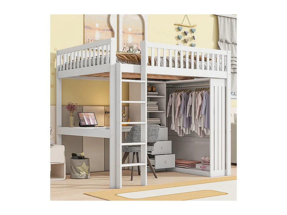 Lit mezzanine 140x200 Bureau Armoire 3 tiroirs Garde-corps Escalier Blanc