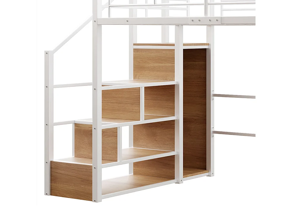 Lit mezzanine 140x200 éclairage d'ambiance télécommandé échelle de rangement bureau armoire étagères Blanc