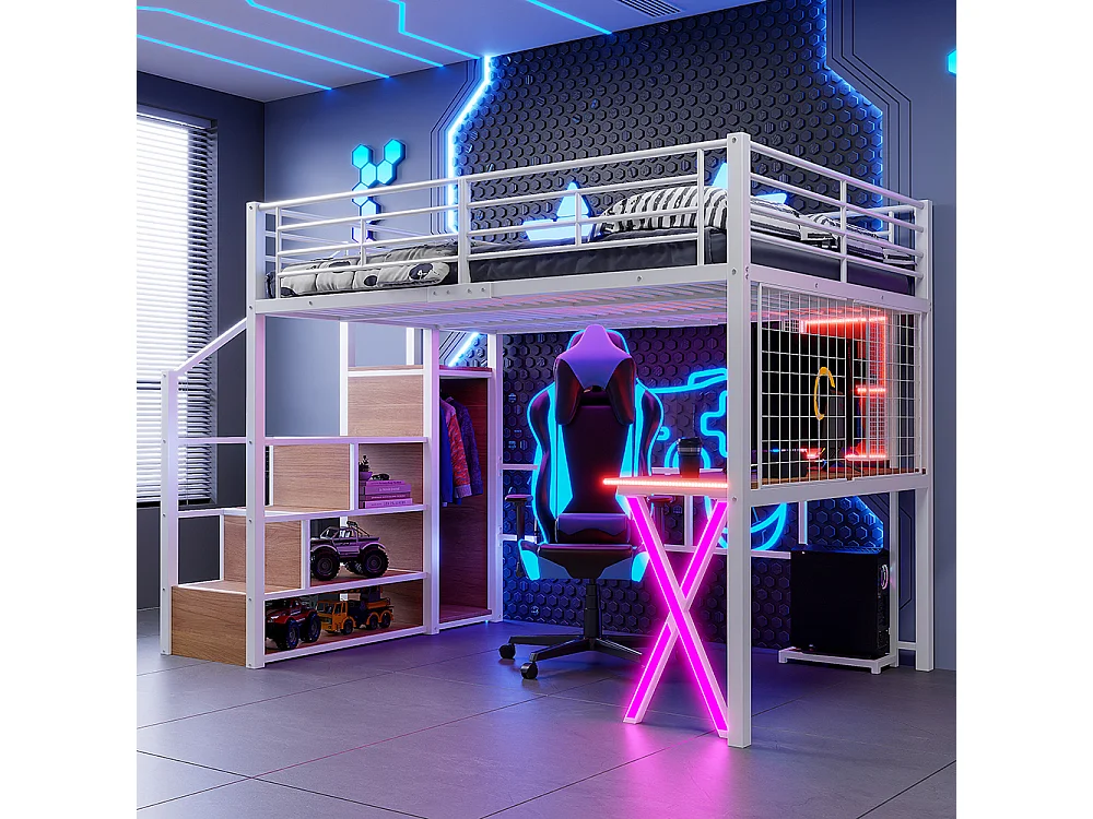 Lit mezzanine 140x200 éclairage d'ambiance télécommandé échelle de rangement bureau armoire étagères Blanc