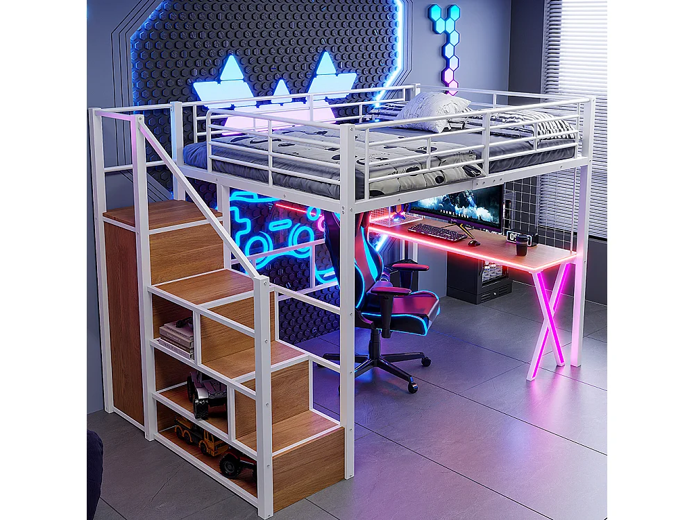 Lit mezzanine 140x200 éclairage d'ambiance télécommandé échelle de rangement bureau armoire étagères Blanc