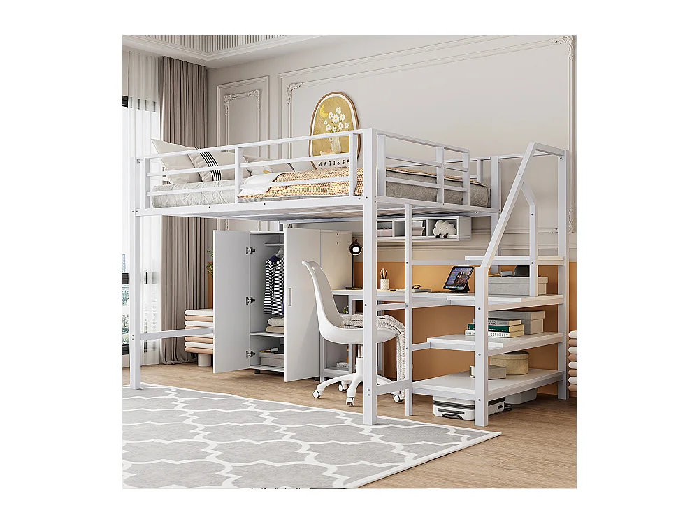 Lit mezzanine 140x200 armoire étagères échelle de rangement bureau Blanc